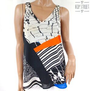 WILLI SMITH Graphic Print V Neck Flared Chiffon Shell Tank M